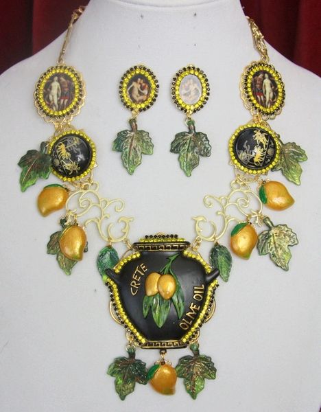 SOLD! 3914 Set Of Hand Painted 3D Effect Greek Revival Black Vase Olives Greek Cameos Statement Necklace+ Earrings