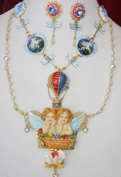 SOLD! 3917 Set Of Hand Painted 3D Effect Cherubs in A Balloon Statement Necklace+ Earrings