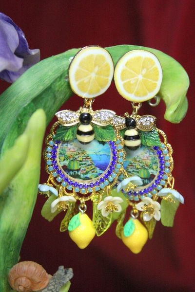 SOLD! 3924 Baroque Italian Tile Taormina Lemon Enamel Bee Fruit Hand Painted Crystal Studs