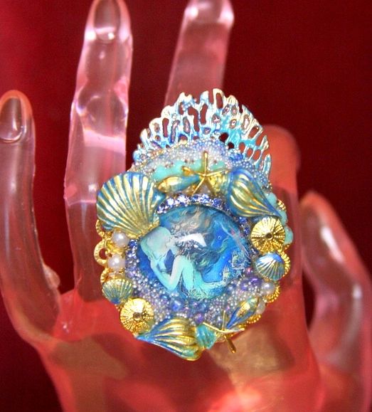 SOLD! 3929 Victorian Mermaid Cameo Adjustable Cocktail Huge Ring