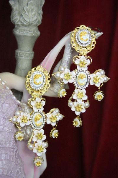 SOLD! 3932 Baroque Runway Lemon Flower Cameo Crystal Pearl Studs Earrings