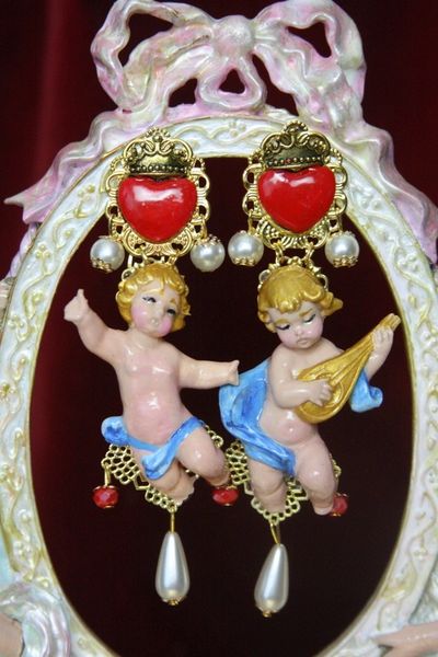 SOLD! 3939 Hand Painted Cherubs Baroque Sacred Heart Earrings Studs
