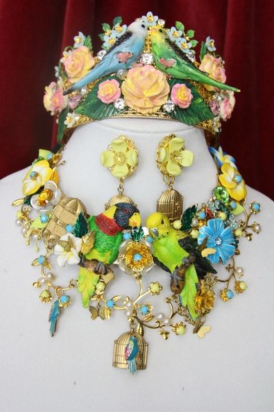 SOLD! 3945 Vivid Art Nouveau Parrots Birdcage Enamel Flower Set
