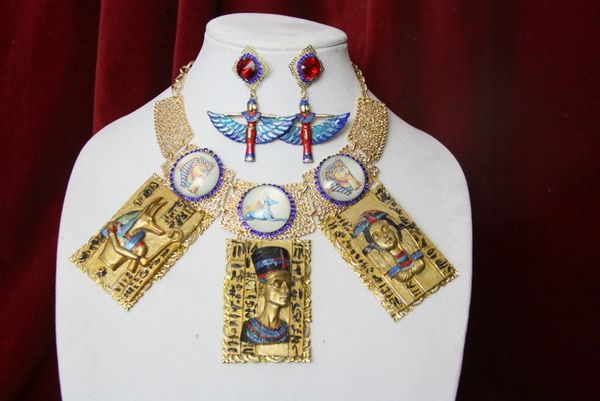 SOLD! 3947 Set Of Egyptian Revival Paraoh Hand Painted 3D Effect Statement Necklace+ Earrings