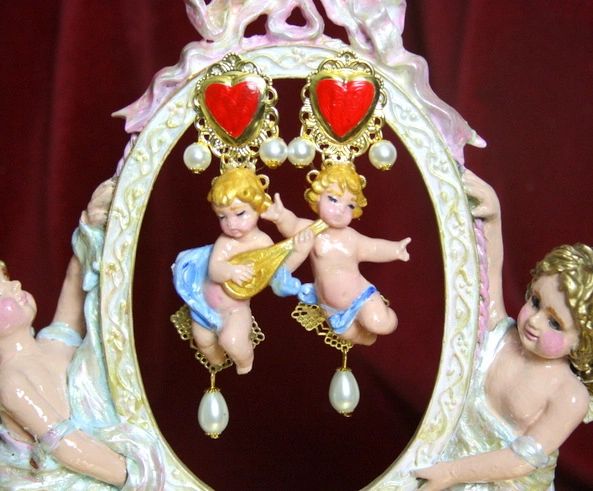 SOLD! 3957 Hand Painted Musical Cherubs Baroque Sacred Heart Earrings Studs