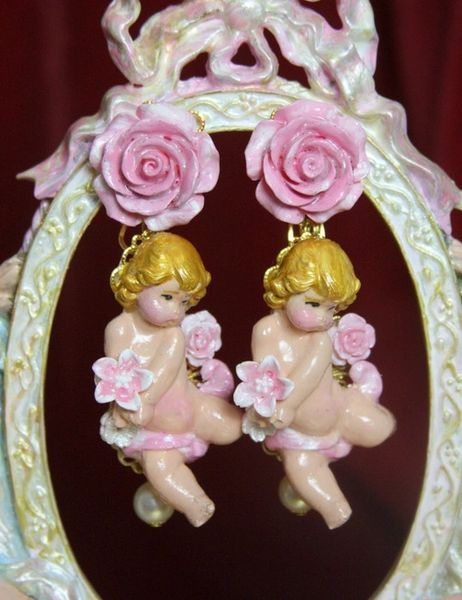 SOLD! 3958 Hand Painted Cherubs Baroque Pink Rose Earrings Studs