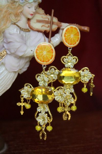 SOLD! 3961 Baroque Runway Orange Flower Cross Crystal Studs Earrings