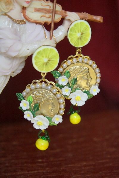 SOLD! 3963 Baroque Runway Lemon Flower Roman Coin Crystal Studs Earrings