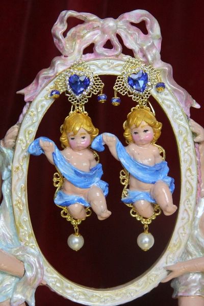 SOLD! 3965 Hand Painted Cherubs Baroque Blue Crystal Pearl Earrings Studs