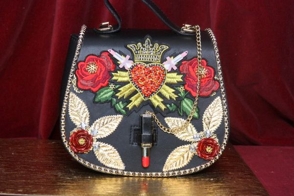 SOLD! 3973 Baroque Lipstick Heart Appliques Roses Embellished Tote Crossbody Handbag