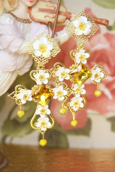 SOLD! 3974 Baroque Runway Lemon Flower Cross Crystal Studs Earrings