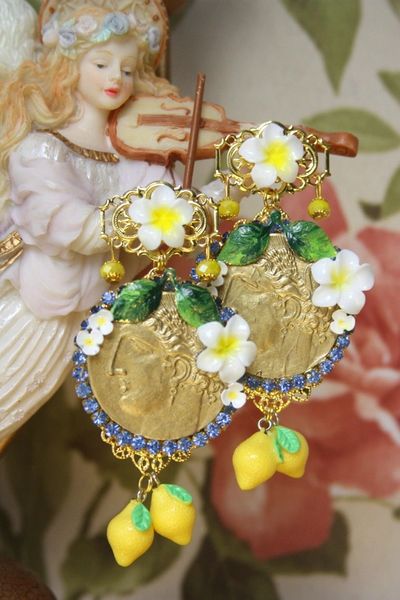 SOLD! 3975 Baroque Runway Lemon Flower Large Roman Coin Crystal Studs Earrings