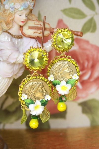 SOLD! 3976 Baroque Runway Lemon Flower Roman Coin Yellow Crystal Studs Earrings