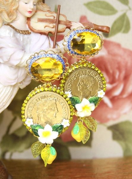 SOLD! 3977 Baroque Runway Lemon Flower Roman Coin Yellow Crystal Studs Earrings