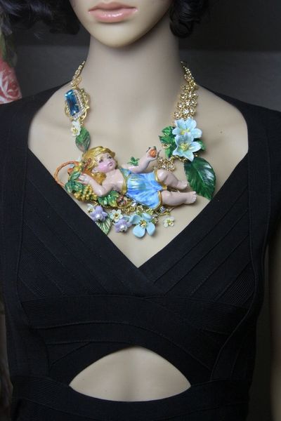 SOLD! 3981 Set Of Hand Painted 3D Effect Cherub Angel Flowers Statement Necklace+ Earrings