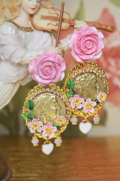 SOLD! 3985 Baroque Runway Roman Coin Pink Roses Crystal Studs Earrings