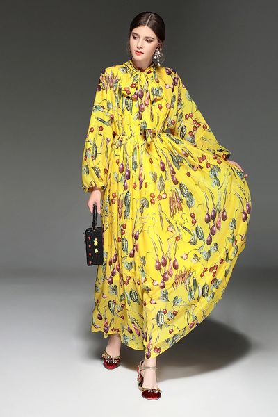 665 Baroque Silky Touch Vegie Print Yellow Maxi Dress Size Us4-6