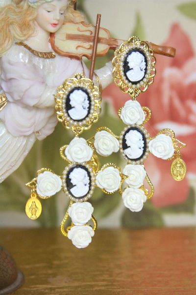 SOLD! 3996 Cameo Baroque White Roses Coin Studs Earrings