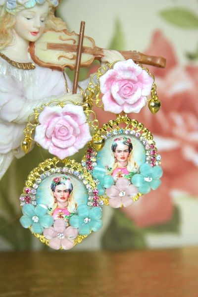 SOLD! 4000 Frida Kahlo Cameo Hand Painted Flower Studs Earrings