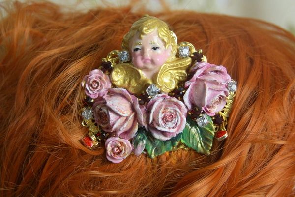 SOLD! 4001 Hair Comb Baroque Hand Painted Cherub Roses Filigree Crystal