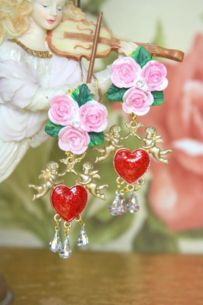 SOLD! 4007 Baroque Cherubs Heart Hand Painted Roses Studs Earrings