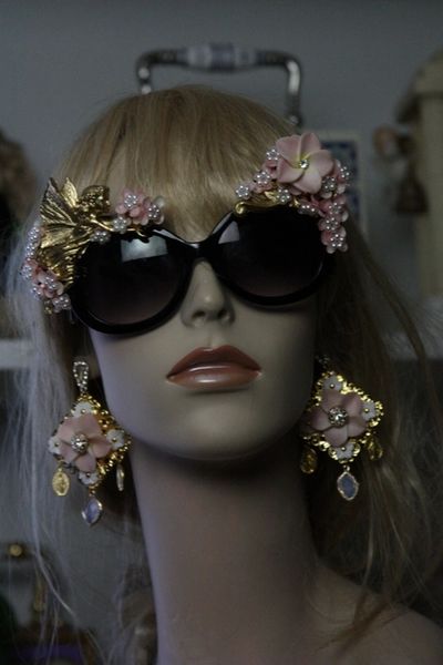 SOLD! 497 Gold Fairy Pale Pink Flower Embellished UV 400 Zibellini Unusual Unique Sunglasses