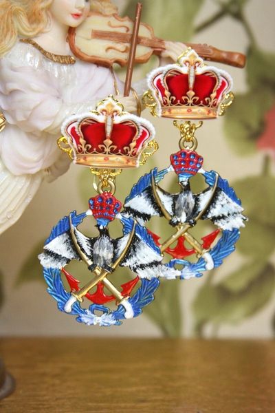 SOLD! 4020 Medieval Hand Painted Heraldic Eagle Crown Studs Earrings