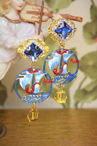 SOLD! 4026 Medieval Hand Painted Nautical Ship Anchor Studs Earrings