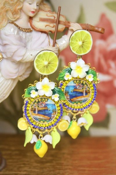 SOLD! 4040 Sicilian Tile Print Sicily Lemon Fruit Studs Earrings
