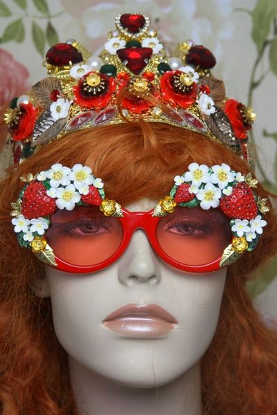 SOLD! 4043 Baroque Strawberry Flowers Red Embellished Sunglasses