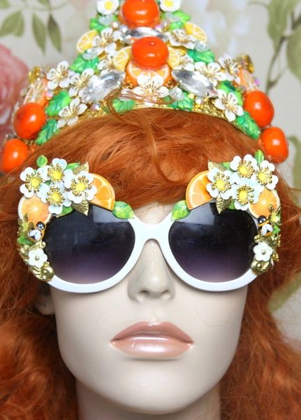 SOLD! 4046 Baroque Orange Fruit Hand Painted Flowers Embellished Sunglasses