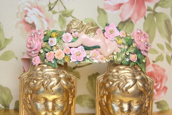 SOLD! 4063 Baroque Vivid Cherub Angel Hand Painted Flowers Crystal Waist Belt Size L, XL
