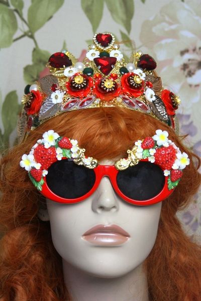 SOLD! 4065 Baroque Strawberry Flowers Red Embellished Sunglasses