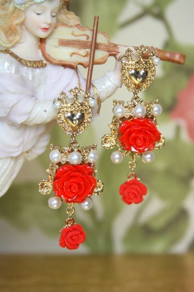 SOLD! 4074 Baroque Crown Red Rose Pearl Earrings Studs