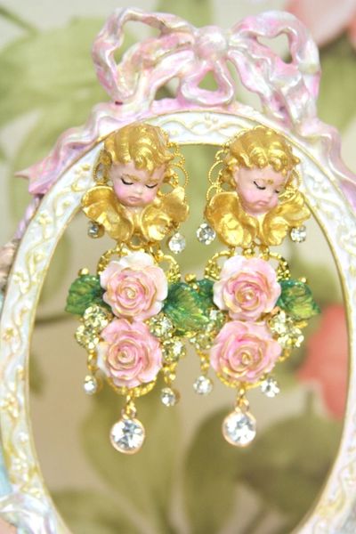 SOLD! 4084 Baroque Hand Painted Cherubs Angels Roses Earrings Studs