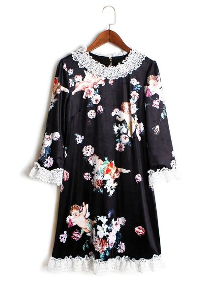 3588 Baroque Velvet Cherub Print Mini Black Dress Us4-Us6
