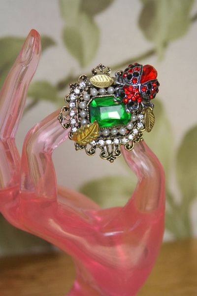 4090 Designer Inspired Ladybug Green Crystal Pearl Adjustable Cocktail Huge Ring