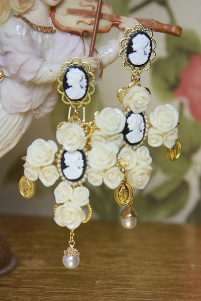 SOLD! 4105 Baroque Milky Roses Cameo Croses Earrings Studs
