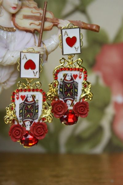 SOLD! 4107 Baroque Playing Cards Queen Of Hearts Earrings Studs