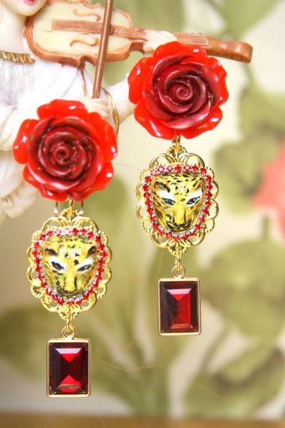 SOLD! 4115 Baroque Hand Painted Enamel Tiger Rose Earrings Studs