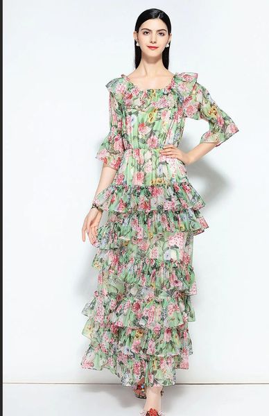 4119 Baroque Floral Print Maxi Layered Dress Us4-6