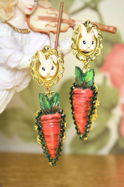 SOLD! 4122 Baroque Rabbit Carrot Unusual Hand Painted Earrings Studs