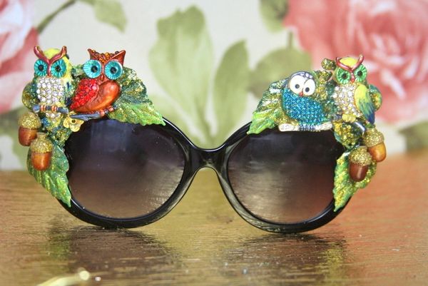 SOLD! 4124 Baroque Hand Painted Vivid Owls Adorable Embellished Sunglasses