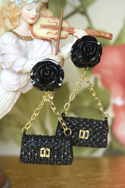 SOLD! 4143 Runway Baroque Handbag Black Rose Earrings Studs