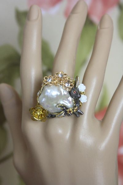 SOLD! 4151 Genuine Baroque Huge Pearl Rabbit Gold Flower Sterling Silver Adjustable Cocktail Huge Ring