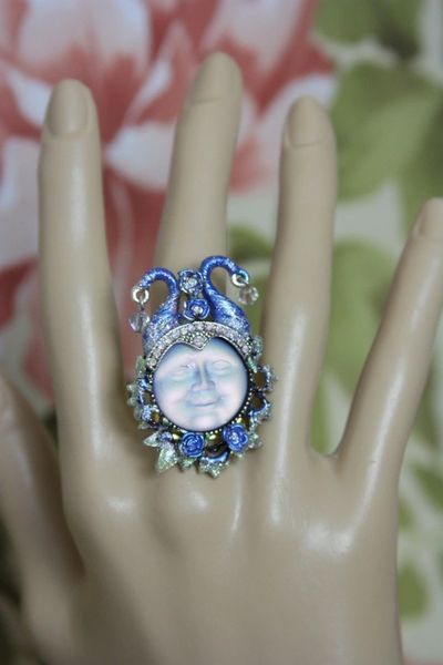 SOLD! 4156 Iridescent Moon Face Hand Painted Sterling Silver Adjustable Cocktail Huge Ring