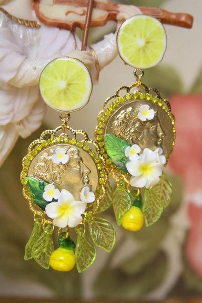 SOLD! 4158 Baroque Runway Lemon Enamel Flower Roman Coin Yellow Crystal Studs Earrings