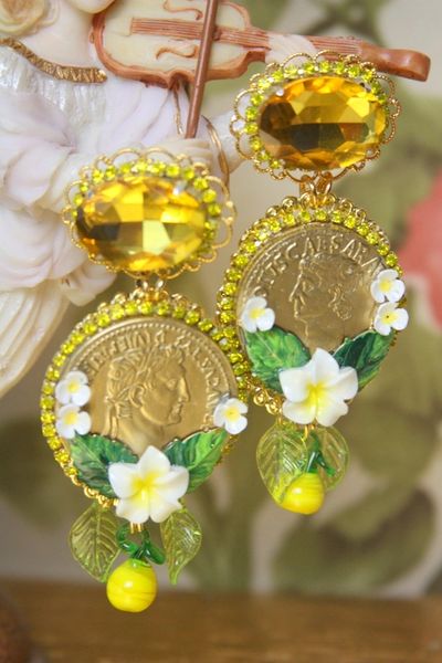 SOLD! 4157 Baroque Runway Lemon Flower Roman Coin Yellow Crystal Studs Earrings
