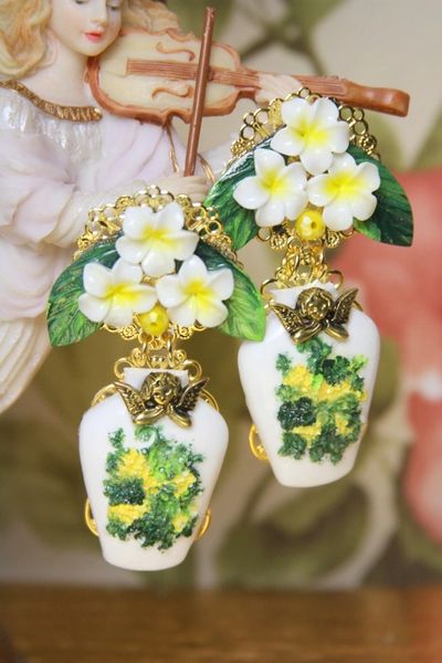 SOLD! 4161 Sicilian Vase Hand Painted Lemon Flowers Studs Earrings