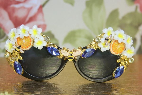 SOLD! 4171 Baroque Orange Fruit Enamel Bees Embellished Sunglasses